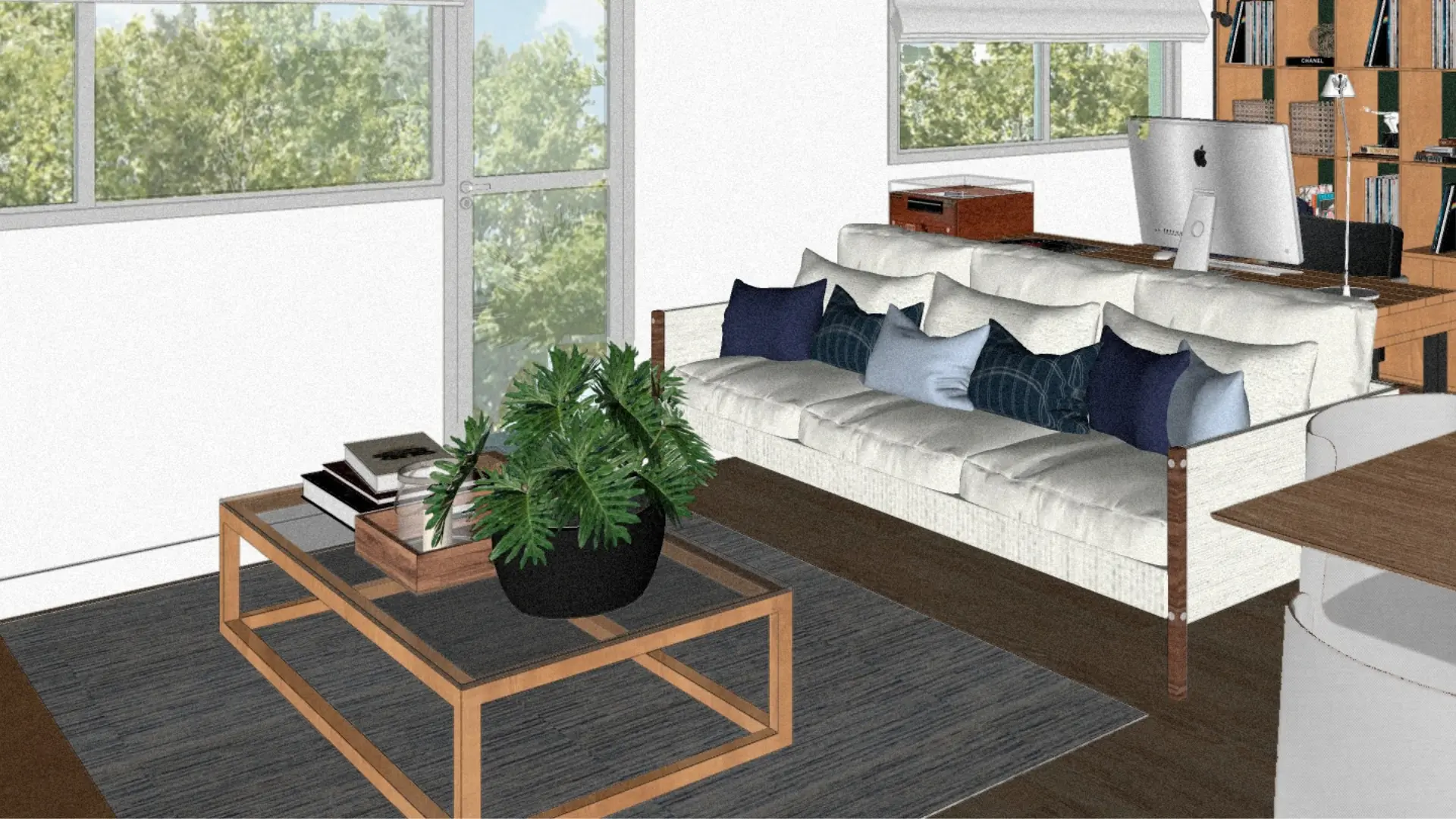 Desenho do projeto da sala de estar, com sofá claro, mesa de centro de madeira e vidro e tapete